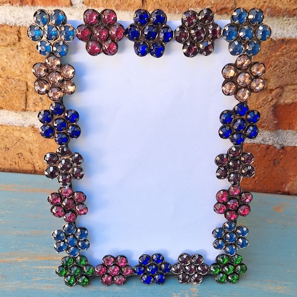 Jeweled Picture Frame Metal and Gemstone Flowers Multi Colored Jewel Tones - Picture 3 of 16